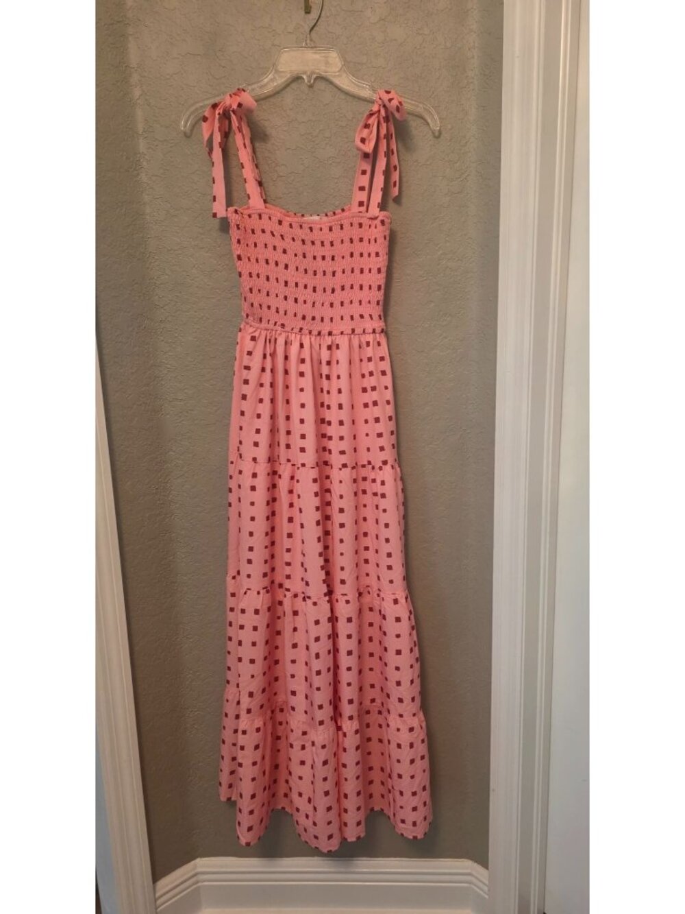 Davi & Dani Pink Geometric Design Smocked Tiered Maxi Dress S EUC